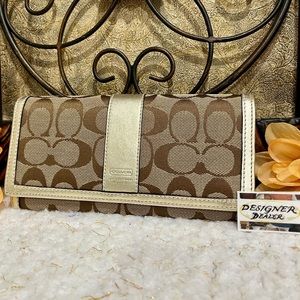 Authentic COACH Signature And Gold Leather Trim Envelope Slim Bifold EUC!